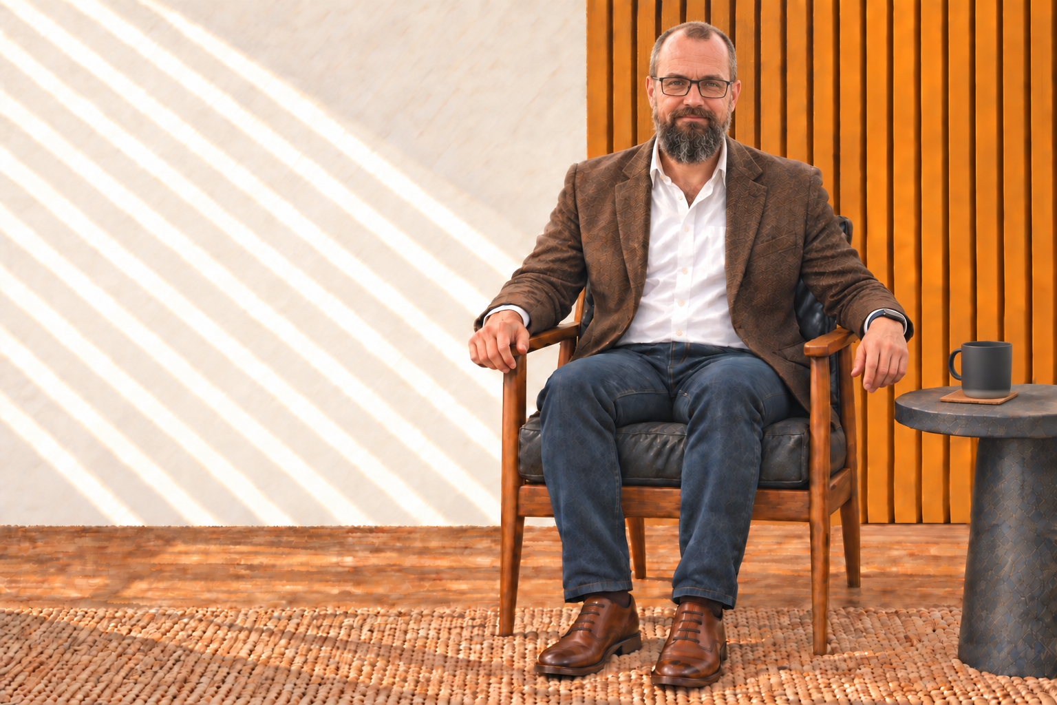 Portrait of Kevin in a brown jacket, seated in a leather chair with coffee against a wooden slat wall